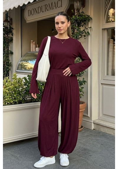 Madmext Bordo Likralı Modal Şalvar Takım Mg2784