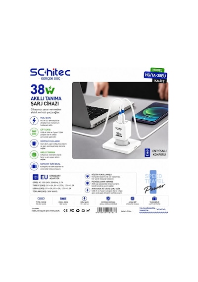Schitec 38w Çift Çıkışlı Süper Hızlı Şarj Adaptörü Usb-a Qc 3.0 + Type-c Pd Beyaz Hg/ta-38eu
