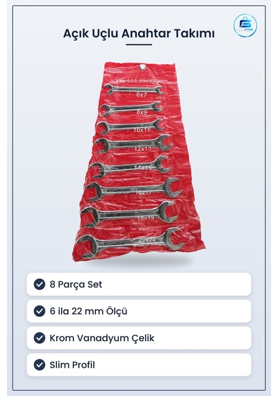 Açık Uçlu Anahtar Takımı 8 Parça 6 İla 22 Mm Krom Vanadyum Çelik