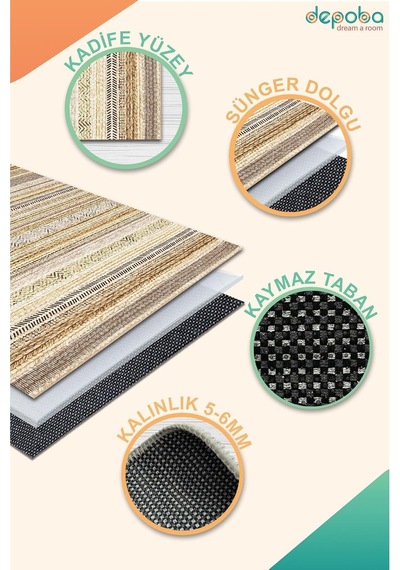Alexis Kadife Kilim Desen Kaymaz Pamuk Tabanlı Yıkanabilir Antibakteriyel Salon Halısı 120x180 Çok Renkli