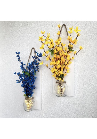 Led Işıklı, Sarı Ve Mavi Sakura Çiçekli Duvar Dekoru Beyaz İkili Set Beyaz