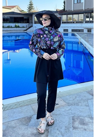 Hmm Swimwear Tam Kapalı Dokuma Tesettür Mayo T244-249 Siyah