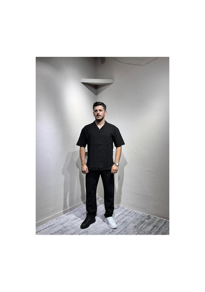 Gömlek Pantolon Erkek Keten Takım Oversize Kalıp Siyah