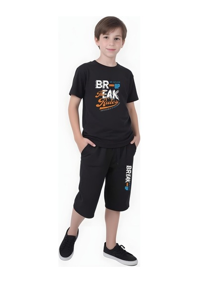 Fyk Kids Erkek Çocuk Yazlik Break Baskili Alt-üst Takim Siyah