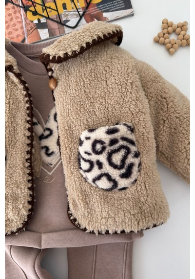 Minigimin Cicileri Leopar Cepli Peluş Ceketli Kız Bebek Kışlık 3 Lü Takım - Vizon