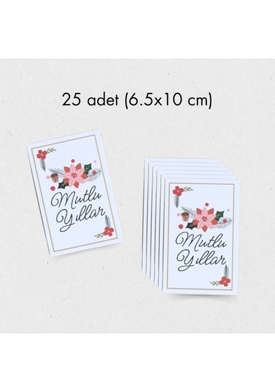 Yılbaşı Mutlu Yıllar Yazılı Hediye Kart Seti, Çiçek Temalı Paketleme Kartı, 25 Adet-6,5x10 Cm, Beyaz