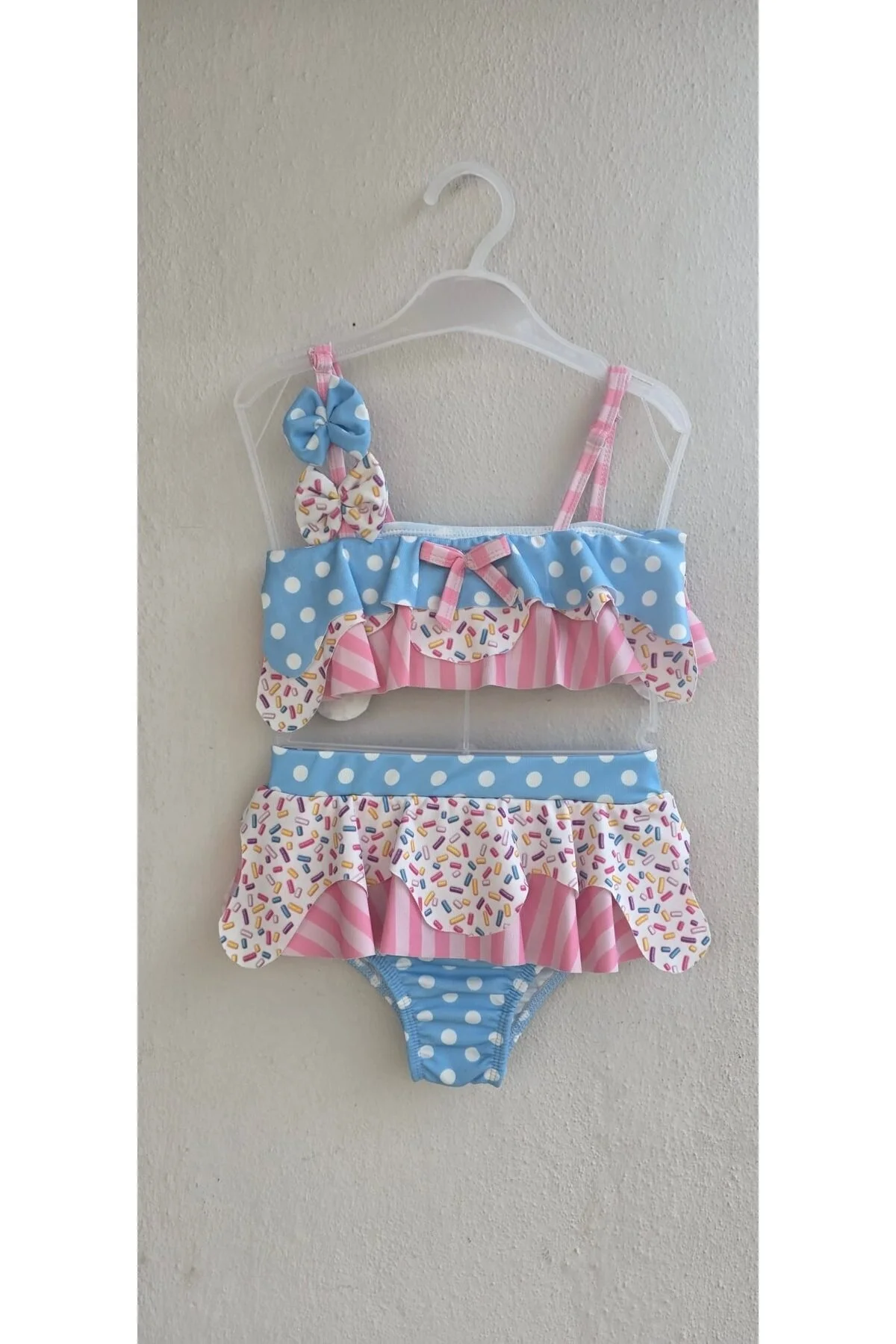 Bilge Trend Kız Çocuk Cup Cake Konseptli Fırfırlı Bikini Takımı Pembe - Mavi