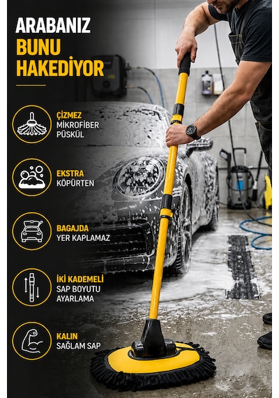 Yeni Oto Mop - Çizmez  Mikrofiber - Bagajda Yer Kaplamaz - Ekstra Köpük - 2 Kademeli Sap Ayarı