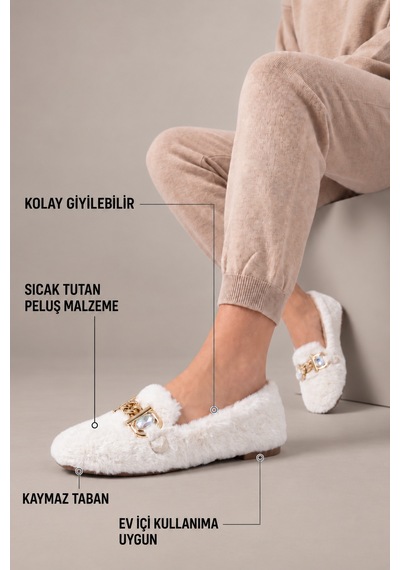 N Moda Panduf Gold Zincir Taşlı Aksesuarlı Kışlık Sıcak Tutan Yumuşak Tabanlı Kapalı Panduf Beyaz