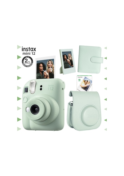 Fujifilm Instax Mini 12 Fotoğraf Makinesi + 10'lu Film + Çerçeve + Kare Albüm + Deri Kılıf Seti Yeşil
