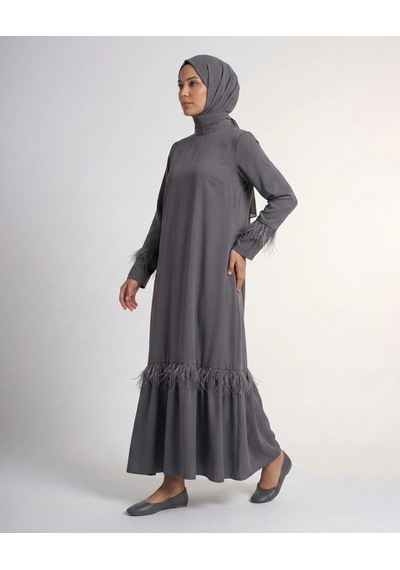 Nevayla Moda Tüy Detaylı Zarif Elbise / Gri - E0133