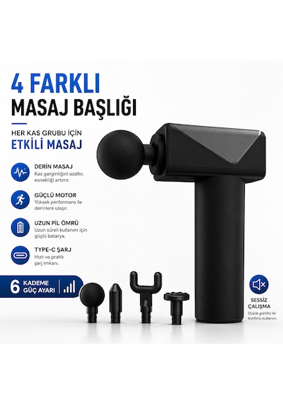 Şarjlı Masaj Tabancası 6 Kademeli Type-c Şarjlı Sessiz Kas  Masaj Aleti 4 Başlıklı Derin Doku Masaj Cihazı Gri - Siyah