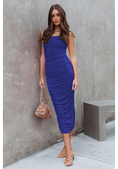 Madmext Saks Büzgülü Kalem Model Askılı Elbise Mg1732-saks Saks