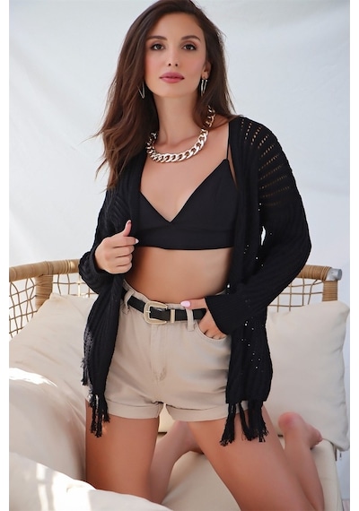 Aqe Fashion Motif Detaylı Eteği Püsküllü Hırka Siyah Siyah