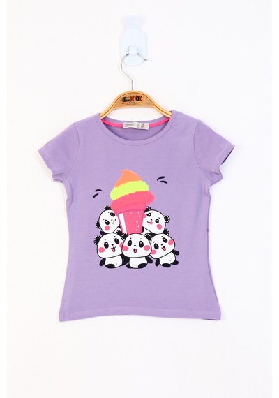 Toontoy Kids Toontoy Kız Çocuk Baskılı Çevirmeli Pul Detaylı Tişört Lila