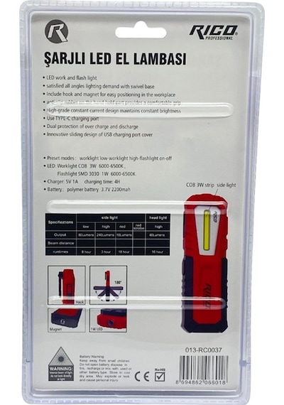 Rıco El Feneri Çalışma Lambası Ledli 240 Lümen Mıknatıslı Askılı