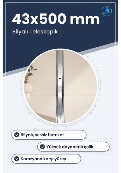 Teleskopik Bilyalı Çekmece Rayı 43x500mm Mobilya Hırdavatı Mutfak Çok Renkli