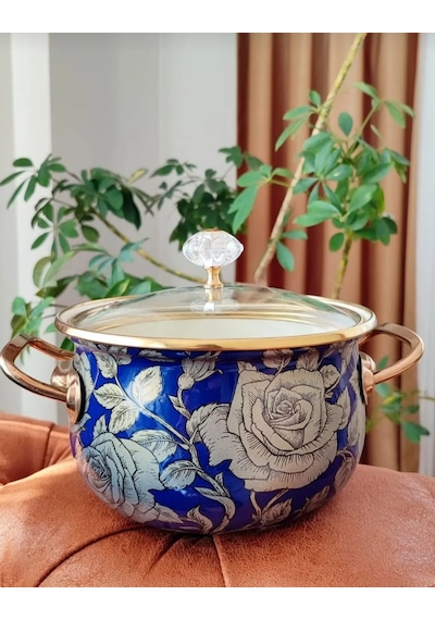 Lüx Vintage 18 Cm 2 Litre Küçük Boy Lacivert Gül Emaye Süt Yoğurt Yemek Tencere Gold - Lacivert
