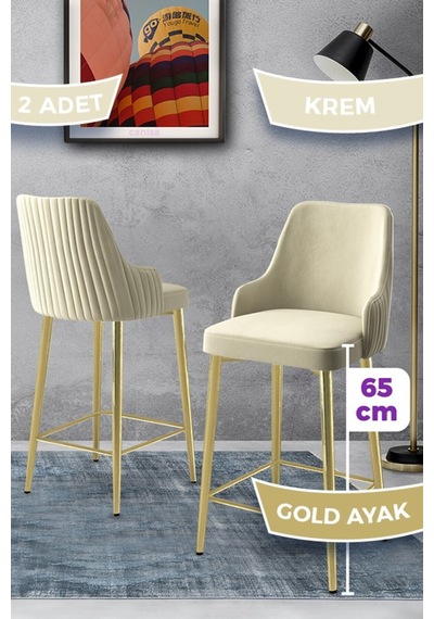 Canisa Tera Serisi 2 Adet Babyface Kumaş 65 Cm Gold Kaplama Ayaklı Krem Bar Sandalyesi Krem Sandalye Gold Kaplama Ayak