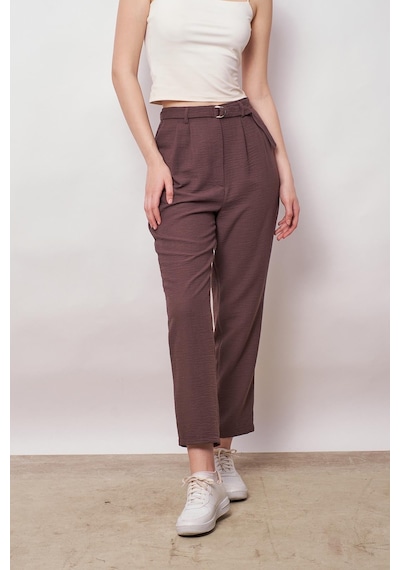 JUMENT Keten Yüksek Bel Pileli Beli Lastikli Kemerli Boyfriend Pantolon-kahve