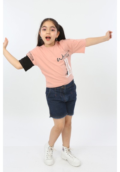 Toontoy Kids Toontoy Kız Çocuk World Baskılı Tişört Koyu Pudra