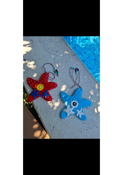 El Yapımı Deniz Yıldızı Nazar Boncuklu Duvar Süsü & Balkon Dekoru 2'li Set