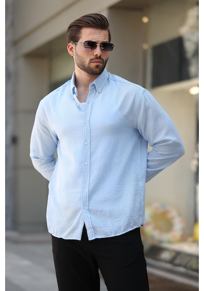 Madmext Bebe Mavisi Uzun Kollu Oversize Erkek Gömlek 6735 Bebe Mavisi