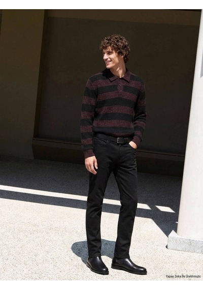 Kip Siyah Düz Dokuma Slim Fit Spor Pamuk Karışımlı Pantolon