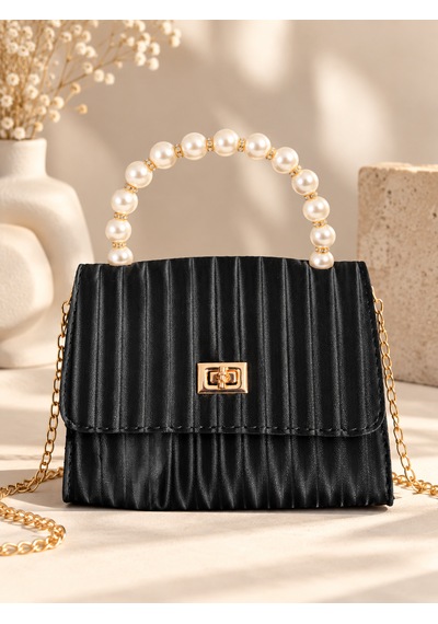 Elpida Bags Siyah Incili Omuz Çantası - Kartlık, Cep Aynası, Saç Tokası & Kişiye Özel Charm Hediye Seti