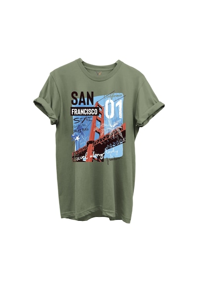 San Francisco California Yazılı Golden Gate Köprüsü Baskılı %100 Pamuk Regular Fit Unisex T-shirt Haki