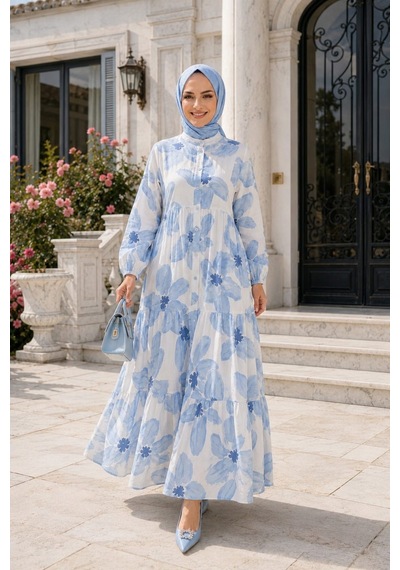 Hb Harma Time Butik Kadın Düğmeli Desenli Modal Mavi Elbise