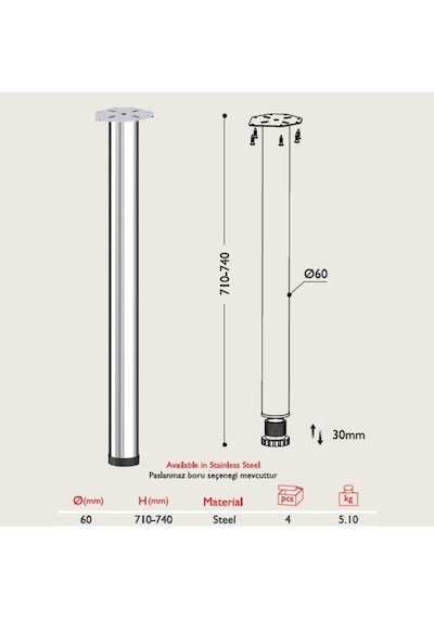 Gürçayhırdavat Masa Ayağı - 60Mm Çeşitli Renkler 71Cm (4 Adet)