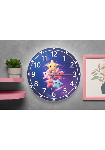 Sevimli Renkli Yıldızlar Desenli Sessiz Mekanizma Duvar Saati Çocuk Odası Dekoratif Mavi