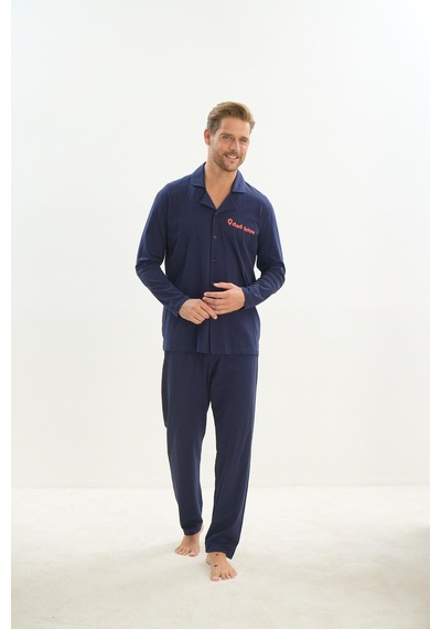 Sevim Erkek Uzun Kol Gömlek Yaka Önden Düğmeli Lacivert Pijama Takım C0t1n5o9 001