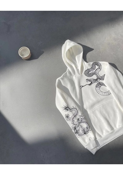 Assema Erkek Üç İplik Pamuklu Kapüşonlu Baskılı Sweatshirt - Beyaz Çok Renkli