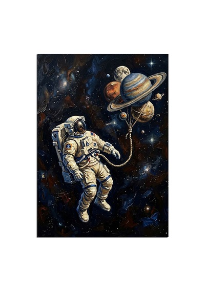 Gezegen Balonlu Astronot Uzay Yürüyüşü Dekoratif Kanvas - Mdf Ahşap Tablo Çok Renkli