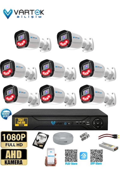 8 Kameralı Full HD Güvenlik Kamera Seti 500 GB HDD 5MP Gece Görüşlü (Siyah-Beyaz) Sabit İp Gerekmez