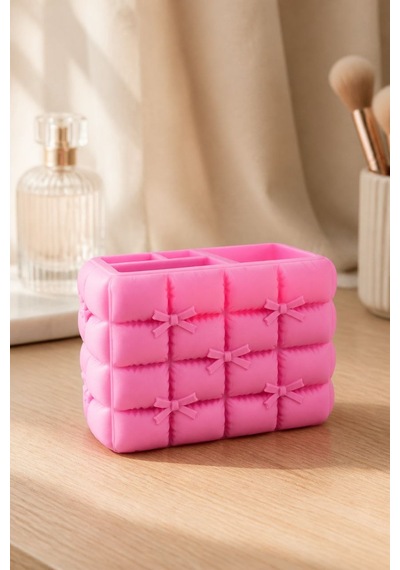 Fiyonk Detaylı Puffy Masaüstü Organizer 3d Baskı Makyaj Ve Kalemlik Düzenleyici Pembe - Pembe