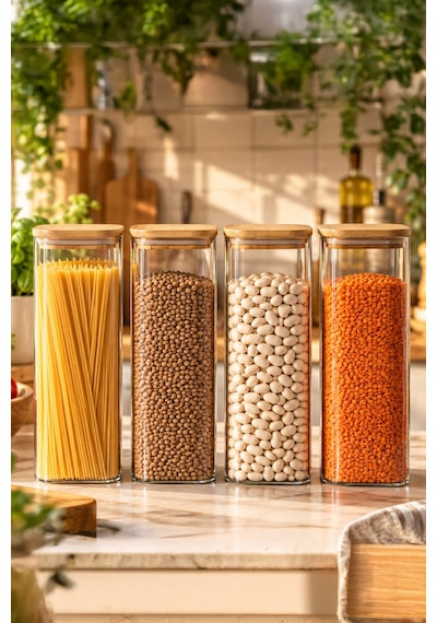 Porsima 7-4 Bambu Vakumlu Kapaklı Kare Borsilikat Cam 4lü Kavanoz Seti Saklama Kabı 1900ml 9,5x27cm