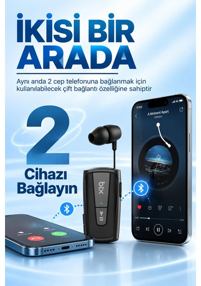 Exenar - Siyah - Makaralı Bluetooth Kulaklık Titreşimli Yaka Klipsli Tekli Şoför Kulaklığı Çift Telefon Bağlantılı