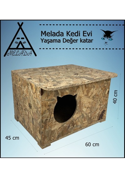 Melada Kedi Evi Dış Ortam Uygun Ahşap Kedi Evi Osb 60x45x40 Cm