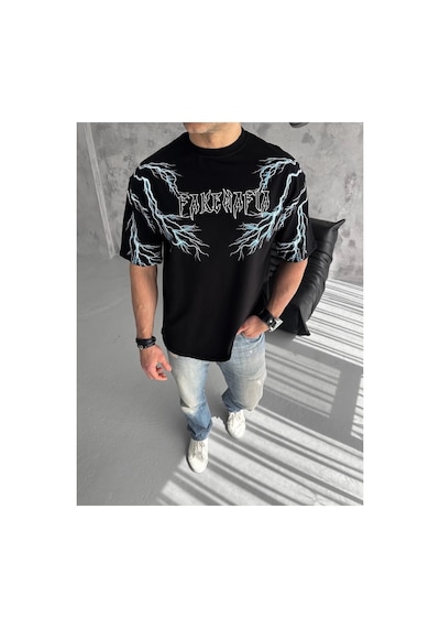 Erkek Bisiklet Yaka Yıldırım Baskılı Kısa Kol T-shirt-siyah