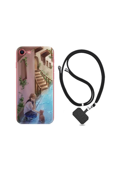 Apple Uyumlu iPhone 7 8 Kılıf Boyun Askılı Cat And Girl 1808