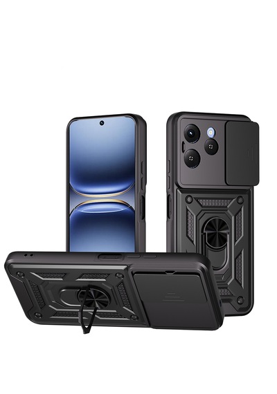 Tecno Spark 40 Kılıf Tam Korumalı Magnetik Standlı Kamera Korumalı Sürgülü Vega Kapak Siyah
