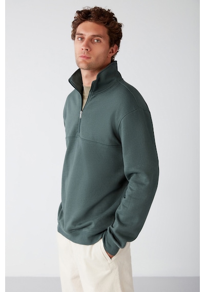 Grımelange Frame Erkek Yarım Fermuarlı Dik Yakalı Yumuşacık Kumaşlı Polarlı Regular Yeşil Sweatshirt