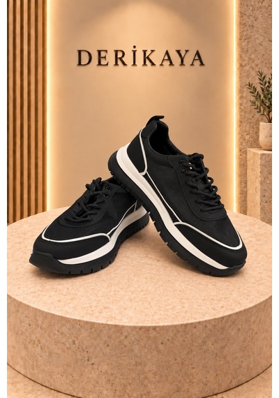 Deri Kaya Erkek Premium Kalın Taban Bağcıklı Günlük Sneaker Spor Ayakkabı Siyah