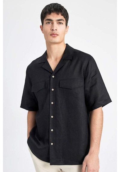 DeFacto %100 Keten Relax Fit Polo Yaka Yazlık Basic Düz Kısa Kollu Gömlek B6687AX24SPBK27