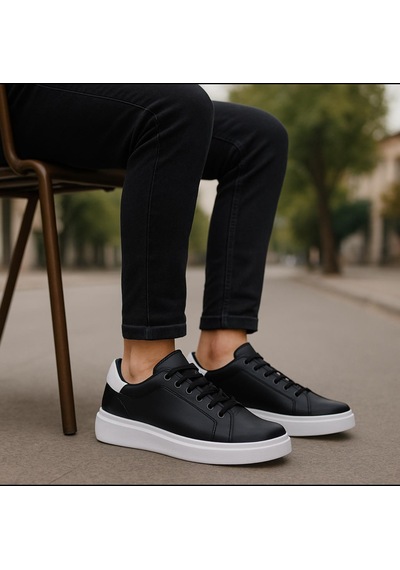 Erkek Siyah Beyaz Tabanlı Bağcıklı Sneaker Spor Ayakkabı-641 Siyah  -  Beyaz