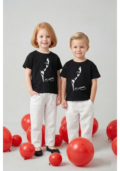 Luess Unisex Çocuk Kabartma Baskı %100 Pamuk Atatürk Tişört 3-4 Yaş 8-9 Yaş Siyah