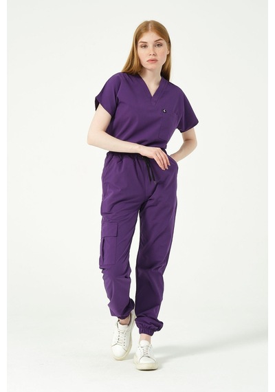 Mor Likralı Scrubs Kargo Cep Jogger Paça Doktor Hemşire Forması Yarasa Kol Takım Unisex